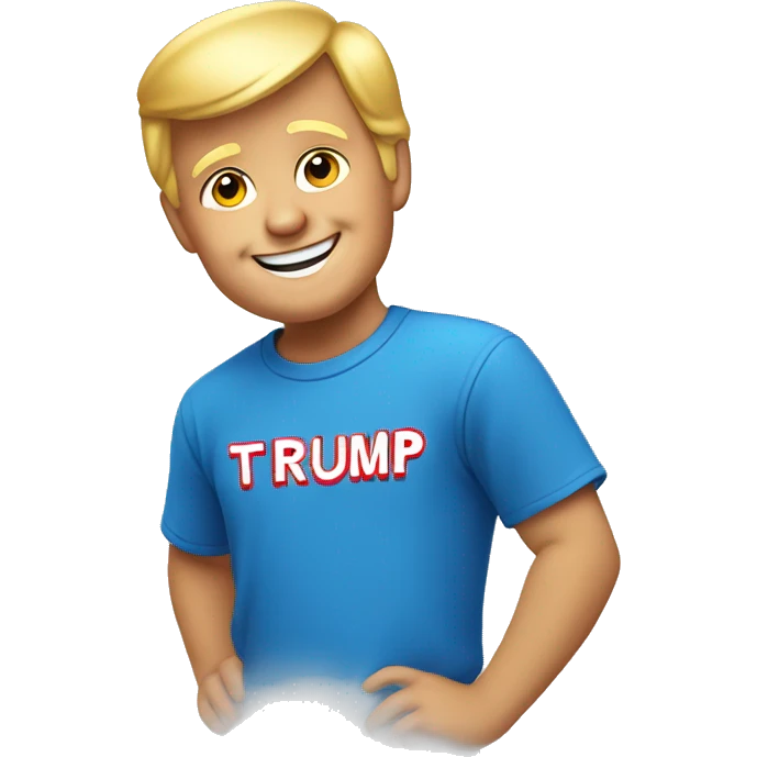 smiling boy in blue shirt with Trump emoji