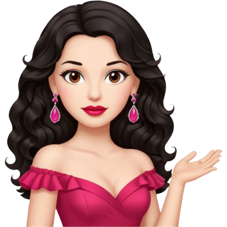 confident brunette woman, long black wavy hair, pink lipstick, red dance dress, big earrings, mature look emoji