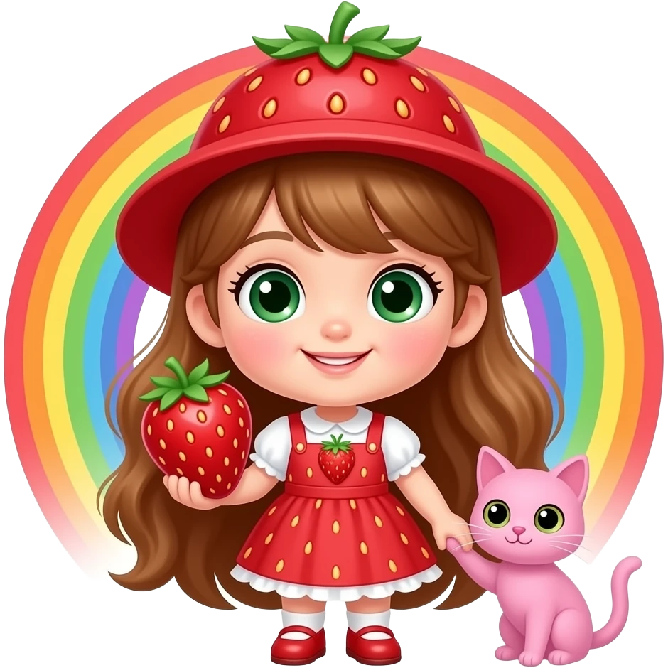 Little girl with long dark blond redish hair, Green eyes, strawberry hâte and strawberry dress and big strawberry in one Hans and pink cat, rainbow around emoji