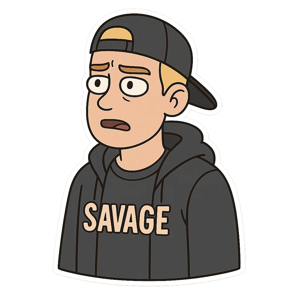 young man with short blonde hair, blue eyes, light skin, dark cap, dark hoodie over a "SAVAGE" t-shirt, white outline sticker effect emoji