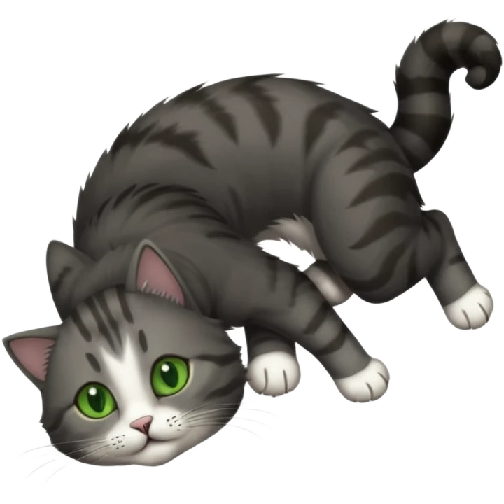 solid dark grey cat with green eyes, fully grey face, white toes/paws playfully rolling upside down emoji