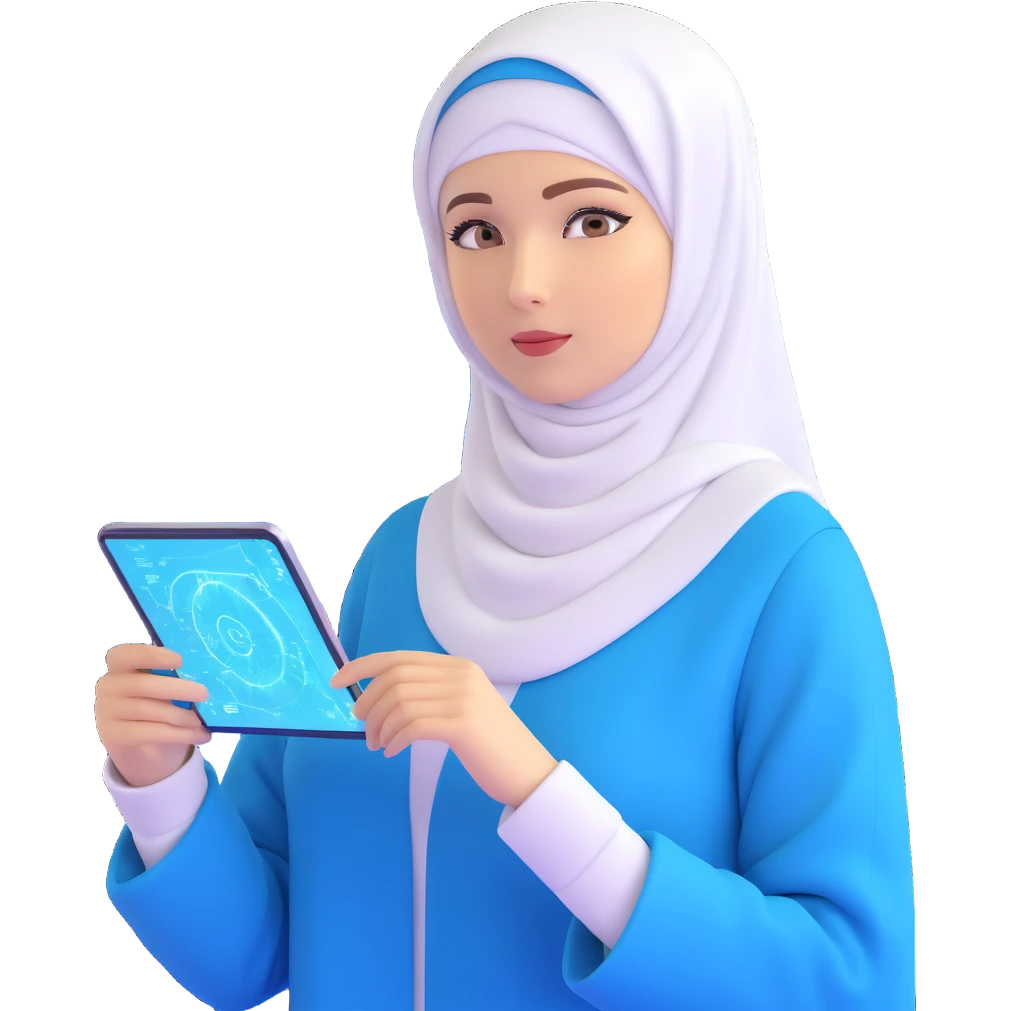 woman with white hijab wearing blue outfit, working with futuristic screens showing advanced holographic interfaces, AI visualizations, quantum data patterns, circuit networks, high-tech metaverse elements emoji