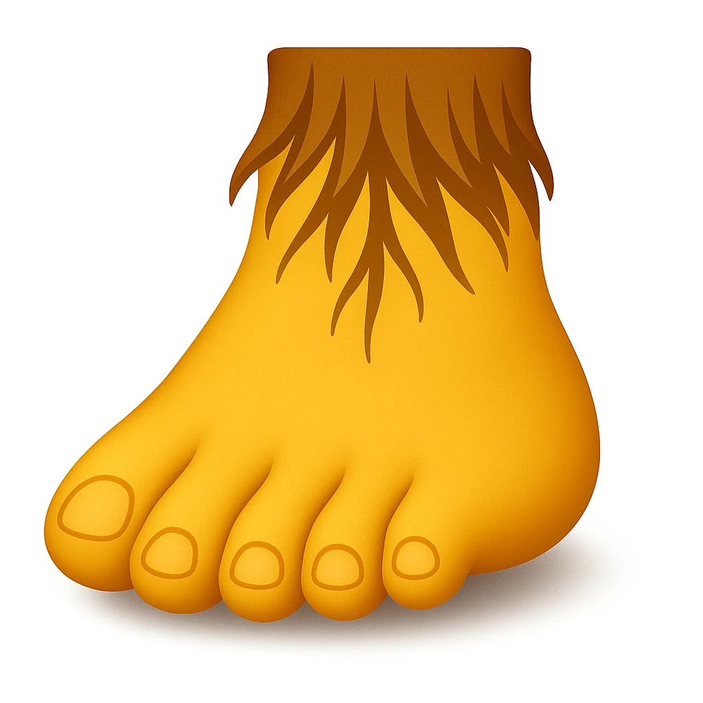 Create a single foot emoji that looks exactly like one of the feet in the reference image. Use classic emoji style with yellow color, matching the same shape and details of the foot in the reference. Add a slight shadow under the foot. emoji