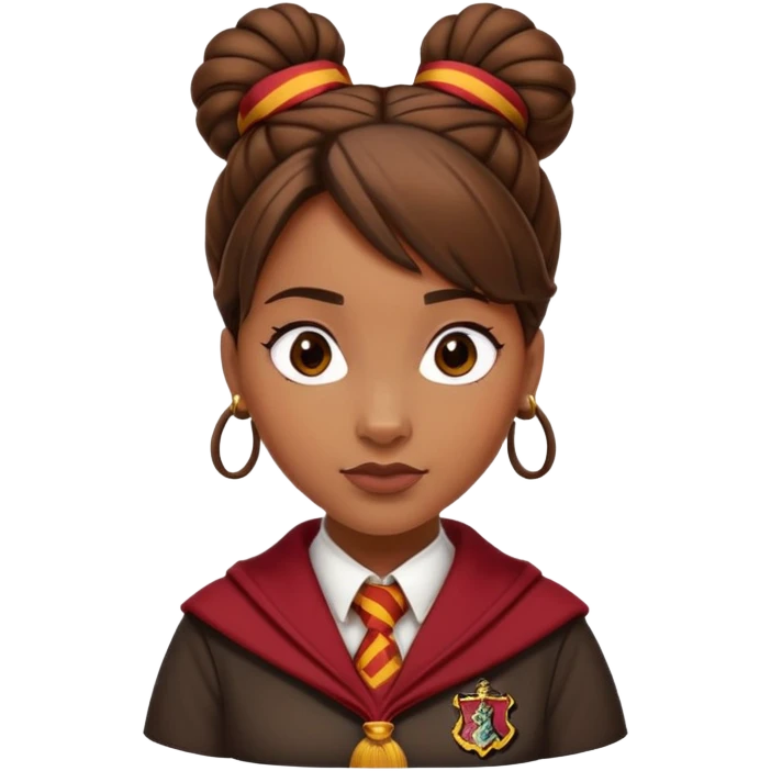 Angelina Johnson in harry potter, wear hogwarts gryfindor uniform,  thick, brown knot bun hair , reflecting her bold, stylish, and strong personality emoji