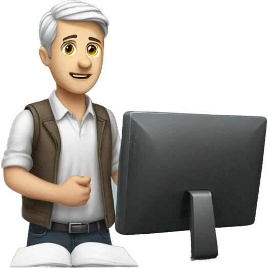 white man in front of notebook is standing and leaving a desk emoji
