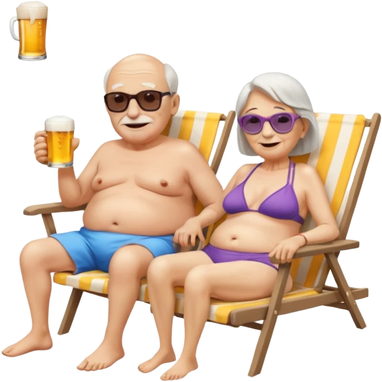 an emoji that shows elderly one slim woman in bikini and one man with dickbauch in bath shorts, both are retired and are lying in sun-chairs at the beach to recover from retiring-stress emoji