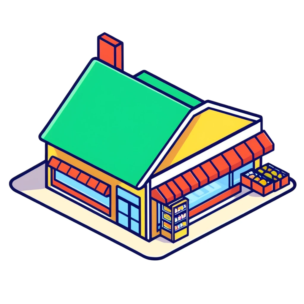 Isometric grocery store with shoppers, food shelves, and checkout area emoji