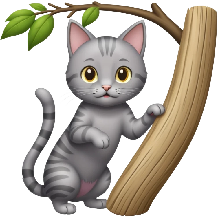 Grey cat playing with tree scratcher emoji