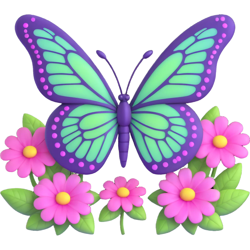 an enchanting butterfly in #c0ff53 green with purple-edged wings, glowing pink accents, detailed vein patterns, surrounded by shimmering magical dust and pastel pink flowers, 3D cartoon style, elegantly fantastical, transparent background, Discord icon emoji