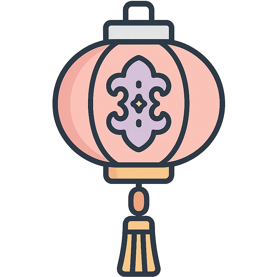 beautiful Chinese lantern with carved decor and tassel, icon-color-outlined style, thin clean contours, soft rounded shapes, pastel palette #98B5BC, #B5B3C1, #C9A3C9, #E4C0CA, #F7DCD1, #F7C0AA, detailed shadows and highlights, soft lighting, transparent background, eastern style emoji