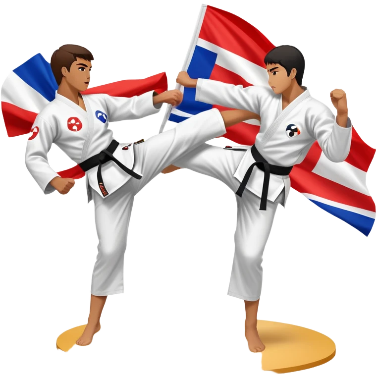 Two taekwondo fighters in a competition arena, one performing a high spinning kick towards the opponent’s head, while the other blocks with a precise guard. The background features a dynamic, bright arena with flags, emphasizing speed and agility in the martial art. Transparent background  emoji