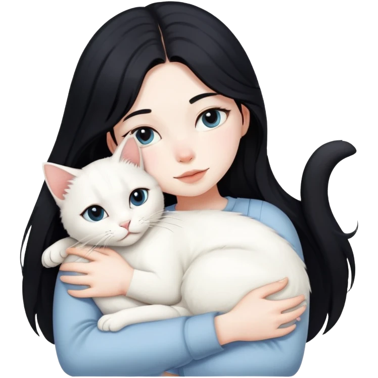 Long black-haired girl hugging a white cat emoji