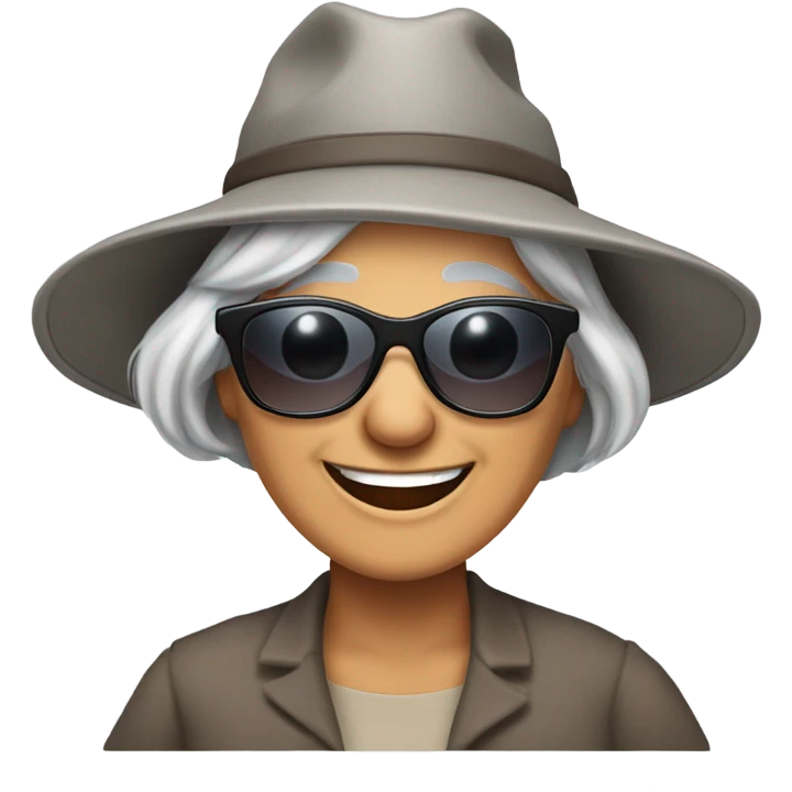 smiling younger grandma with hat and sunglasses , longer grey hair outdoors with a  happy donkey. emoji