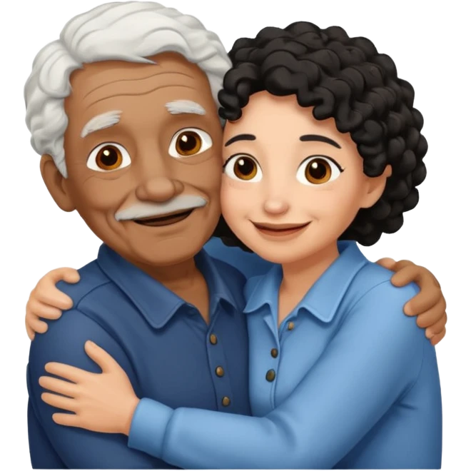 Old man hugging brown skin curly hair woman emoji