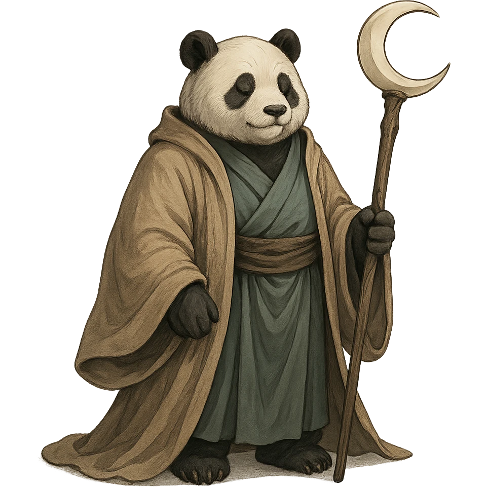 panda in flowing robes, holding a staff topped with a crescent moon, exuding peaceful mastery, blending mysticism and calm emoji
