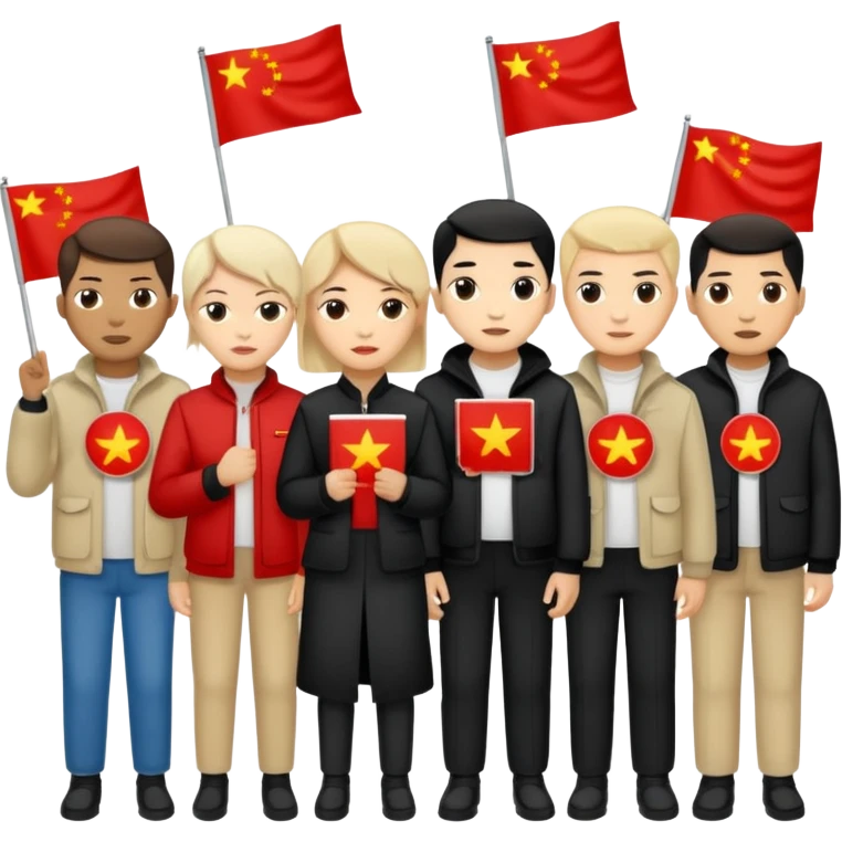 Chinese and Western white elites wearing grassroot clothing joining social movement emoji