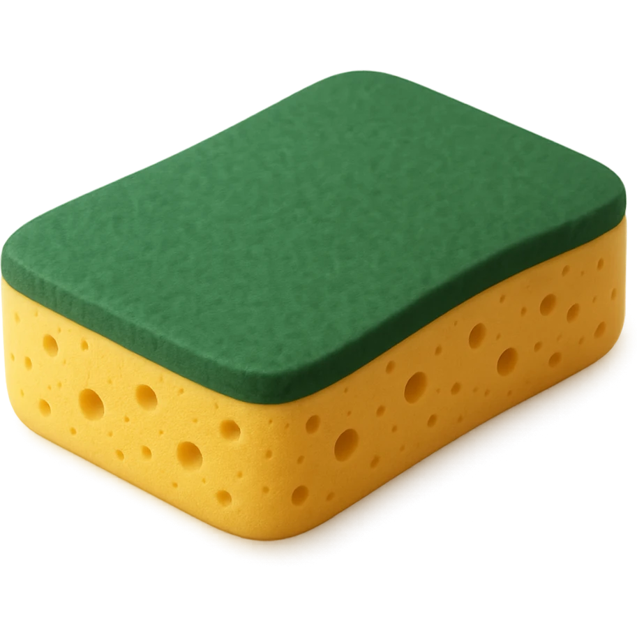Show only one rectangular kitchen sponge with rounded edges. Dual-layer: soft, porous yellow base and green scrub layer on top. Texture is slightly springy and detailed, with tiny holes and surface grain. No soap, water, hands, or background elements, no faces. Clean, natural 3D rendering, soft lighting, subtle shadows, transparent background, emoji scale, optimized for clarity, texture, and recognizability at small size. The style should be clean and natural 3D rendering with soft lighting and subtle shadows, optimized for emoji scale. emoji