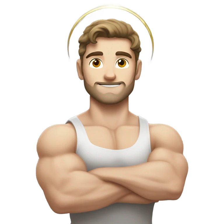 pretty muscular pale brunette man flexing with a halo emoji