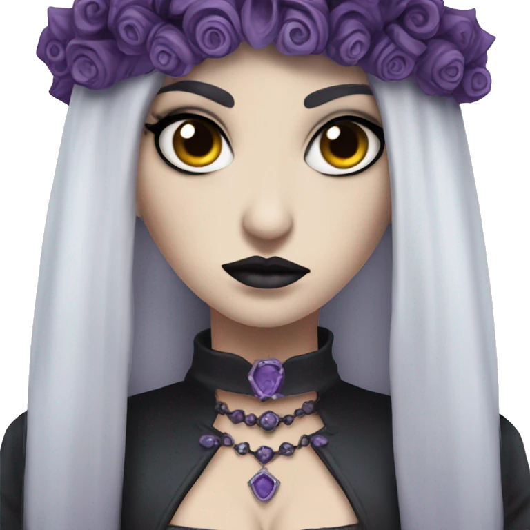 Angry looking Queen gothic girl long dark black and purple hair with  emoji
