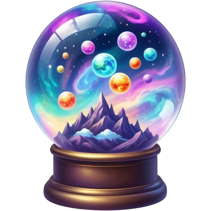 Tiny mystical mysterious sparkly cloudy magical glowing spherical nebula planets inside a glass globe dome emoji