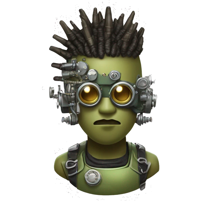 Olive green mohawk cyborg head with silver steampunk goggles, goatee and circuits emoji