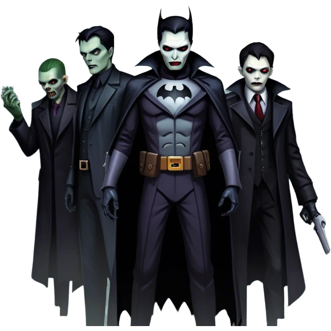 Icon for Thriller Movies: A large, dramatic collage featuring sinister villains and zombies in dark clothing. The background shows the gloomy cityscape of Gotham with dim lighting and eerie shadows. The atmosphere should be tense, mysterious, and suspenseful. Transparent background. emoji