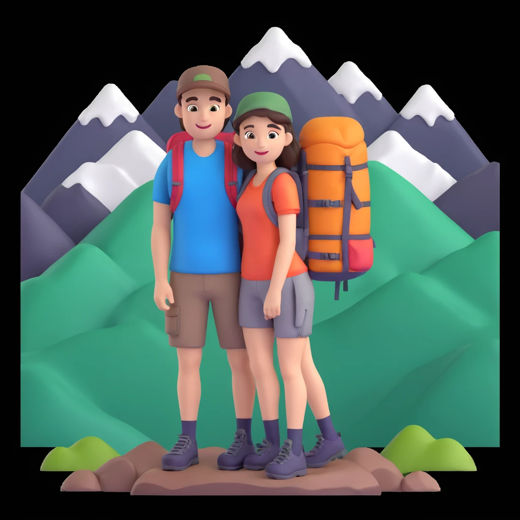 back packer couple posing, mountains in background,   close up pose emoji