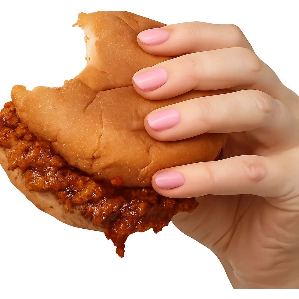 a sloppy sandwich with a bite on one side, held by a hand with pink nails emoji