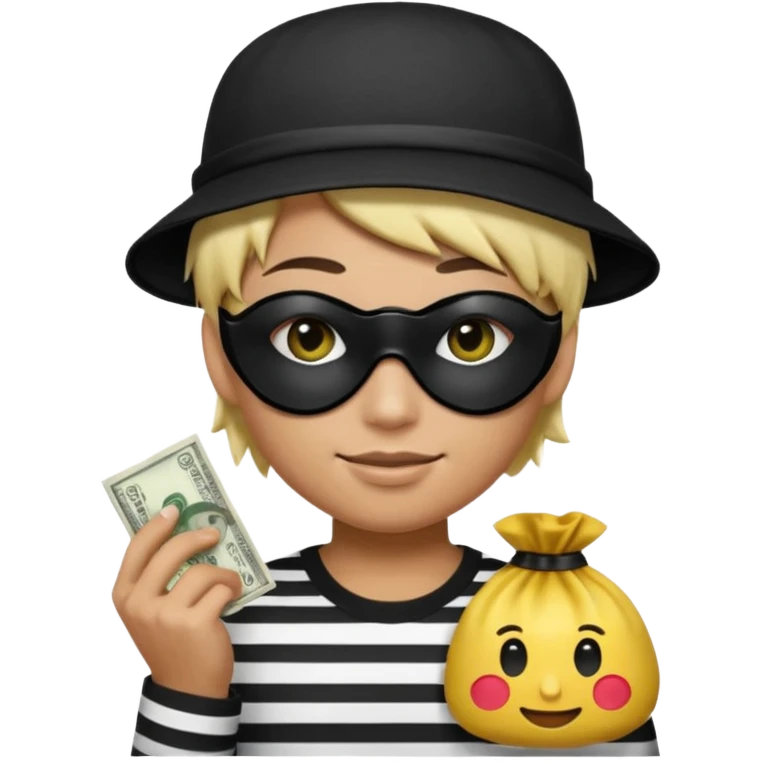 Realistic ios emoji-style portrait of a classic burglar, a black eye mask and a black-and-white striped shirt. Highly detailed, natural skin texture, realistic shadows, smooth gradients, glossy reflections in the eyes. emoji-like hair, black hat, an ios emoji bag of money in a right corner  emoji