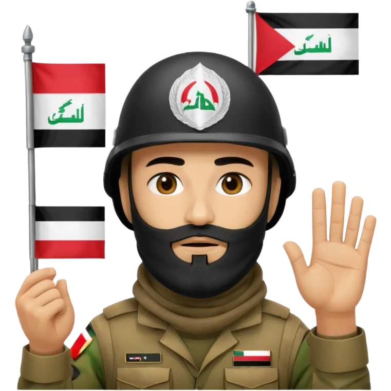 surrenders, depicts an Iraqi soldier from 1980, with a beard, in a helmet, a helmet with sign flag Iraq, with a balaclava, with sad eyes and both hands raised up emoji