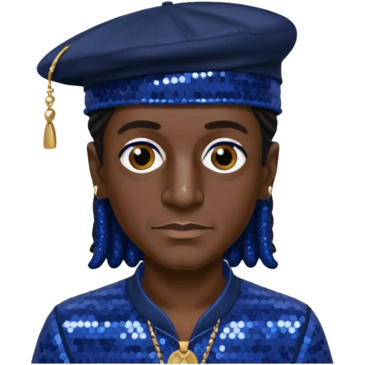 Flavor Flav with dark brown hair, indigo sequin outfit, black hat emoji