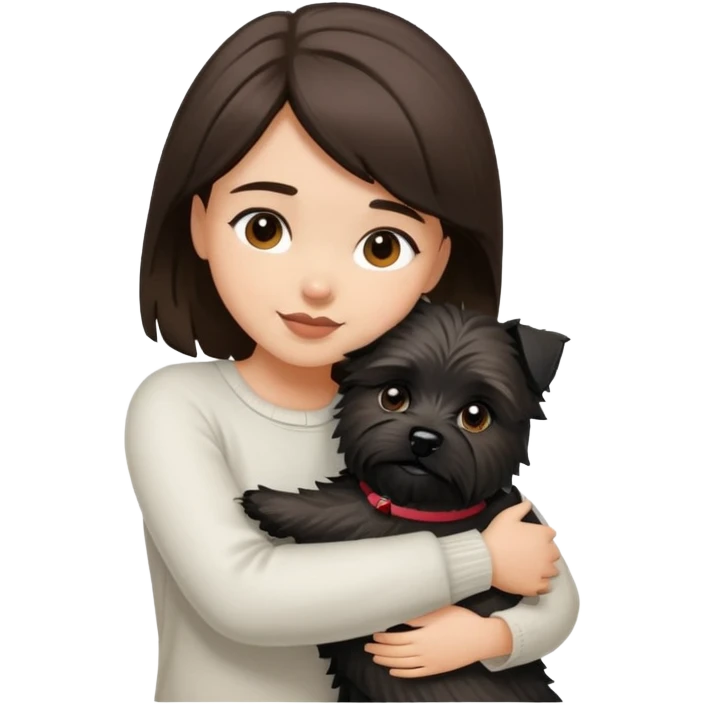 Brunette girl with black cairn terrier hugging emoji