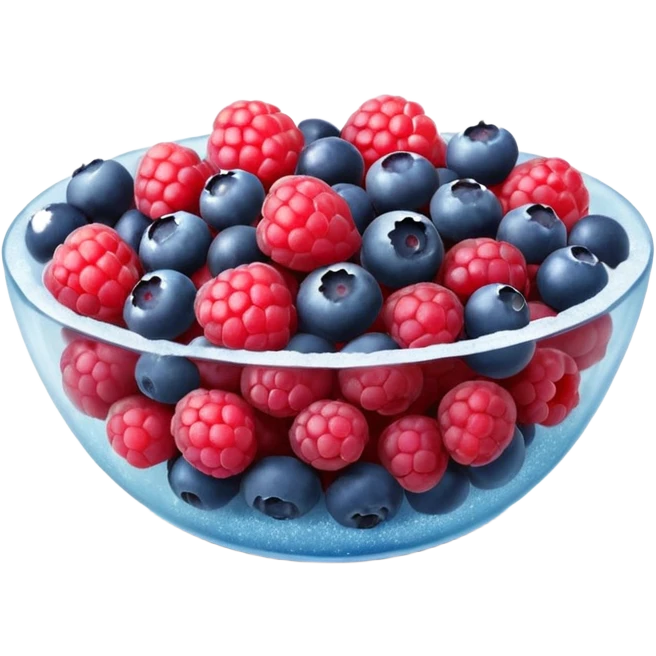small mix of whole frozen berries including raspberries, strawberries, blueberries, redcurrants, coated with a light frost layer, slightly muted colors and icy sparkle, loosely clustered or lightly scattered, no bag, bowl, or garnish, just the fruits, soft lighting, subtle shadows, emoji scale emoji