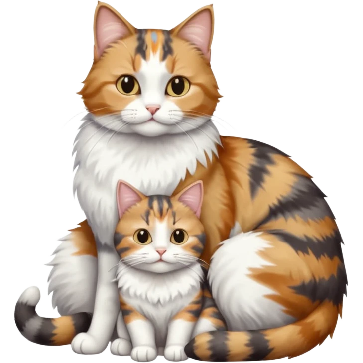 full body colourful light patched calico + white tabby cat cuddling a big grey and white tabby cat  emoji