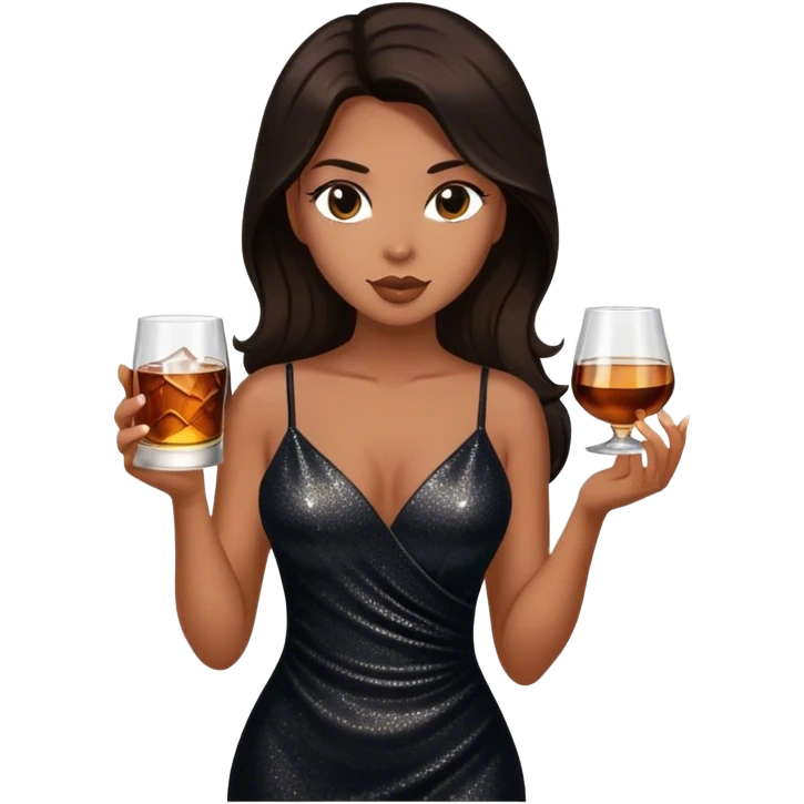 Beautiful woman in 1950’s woman fashion look, black shimmery dress, long dark brown hair, whisky with ice emoji