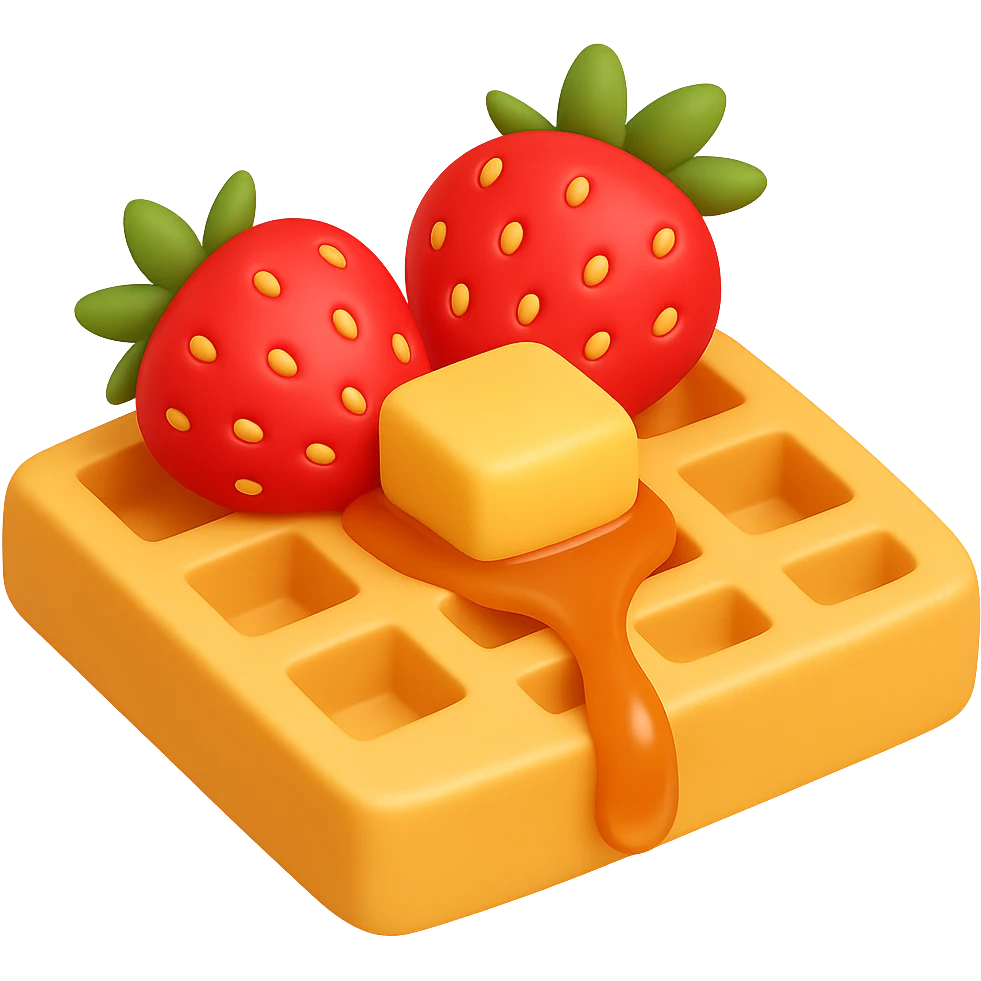 Add a golden waffle with a grid pattern, topped with a small square of melting butter and maple syrup drizzle, and add strawberries on top. The style should resemble emoji style with soft lighting and minimal shadows. No background. emoji