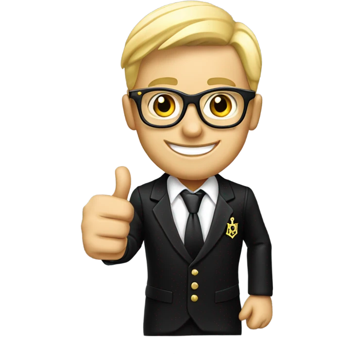 A modern blond , wearing glasses, English Freemason in a black lounge suit, giving a thumbs up , and smiling. He is wearing a Masonic jewel emoji
