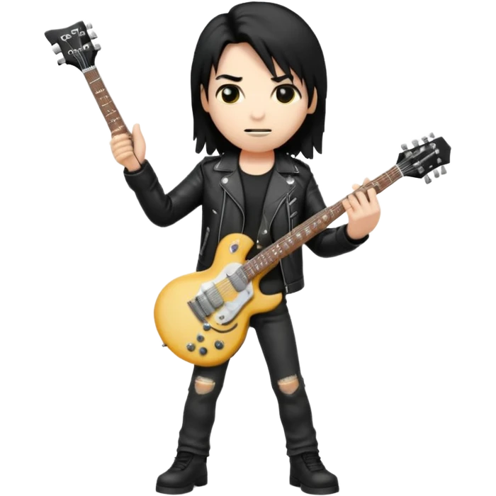 3D Apple-style emoji of a metal musician holding an electric guitar with a bold "ROCK" sign above. Long hair, black leather jacket, ripped jeans, intense expression. Rounded, glossy, smooth, soft shadows, white background.











 emoji