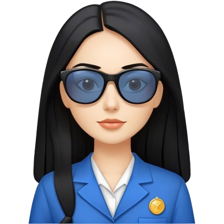 Fair skinned pretty woman with long straight black hair with sun glasses and blue teacher uniform  emoji