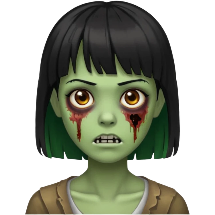 Uma zumbi com os cabelos pretos, mediano, liso e com franja, olhos castanhos emoji