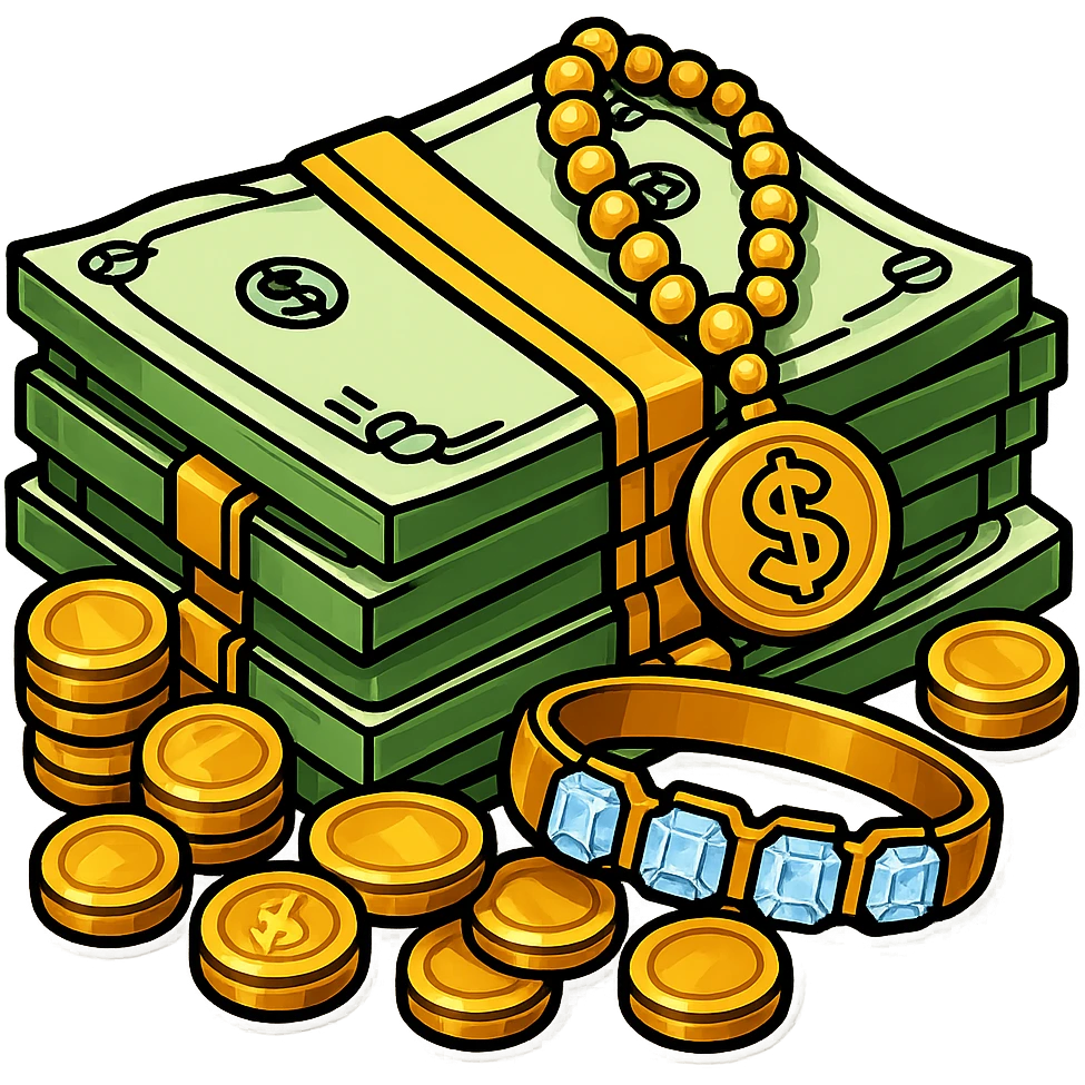 Make the stack of money look richer, add gold coins, jewelry, and a luxurious feel. The original style is sticker style, but sticker style does not support editing, so please keep the luxurious feel consistent with sticker style. emoji