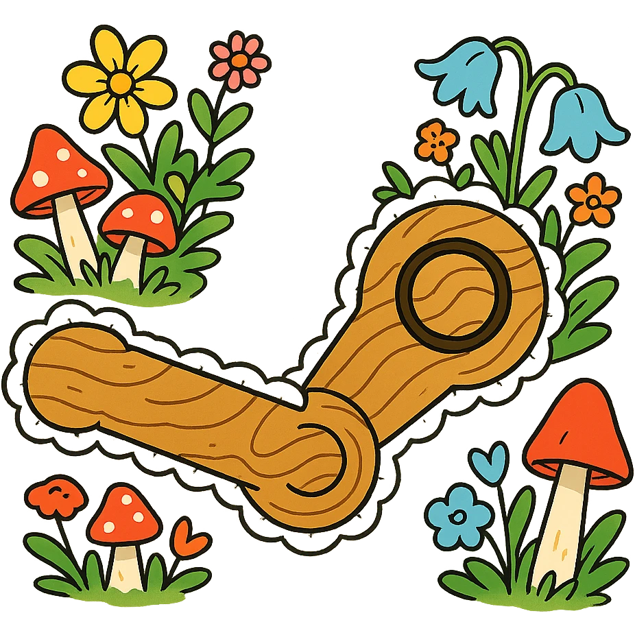 playful cottagecore Steam logo: logo made of puffy wood and lace, cartoonish wildflowers and mushrooms, bright cheerful, no text emoji
