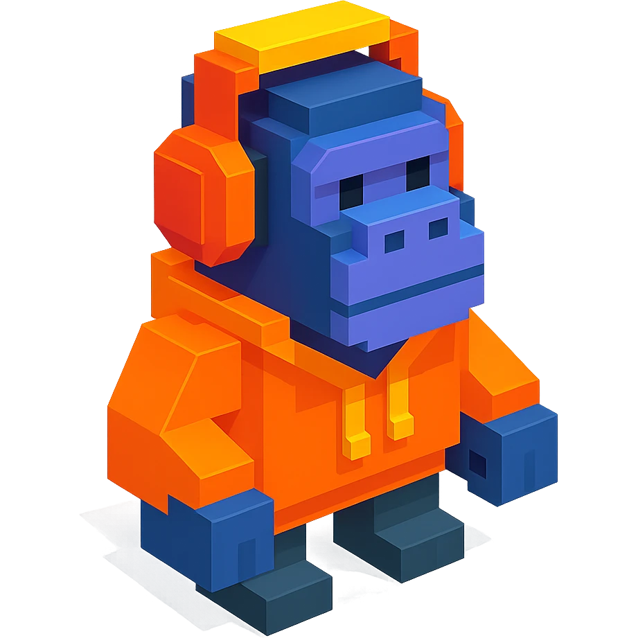 voxel style gorilla with headphones, wearing a hoodie, isometric view emoji