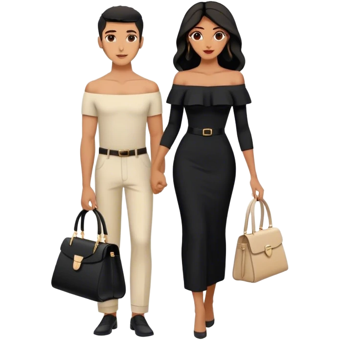 the Lebanese man dressed in all black, and the Palestinian woman in an elegant off-shoulder cream-colored outfit with a matching handbag. emoji