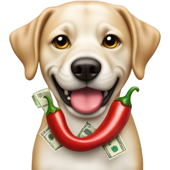 Dog with chili pepper necklace and cash in his mouth and money bags for eyes  emoji