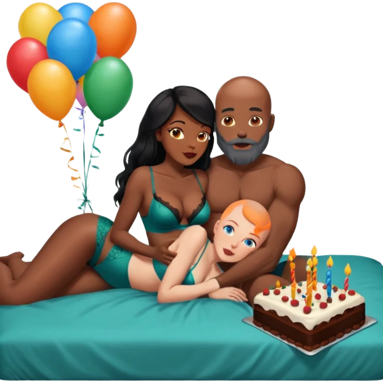 Muscular Bald white male has a orange beard and blue eyes kissing voluptuous African American dark brown woman with long black hair and dark green lingerie

Laying in bed with chocolate birthday cake and balloons  emoji