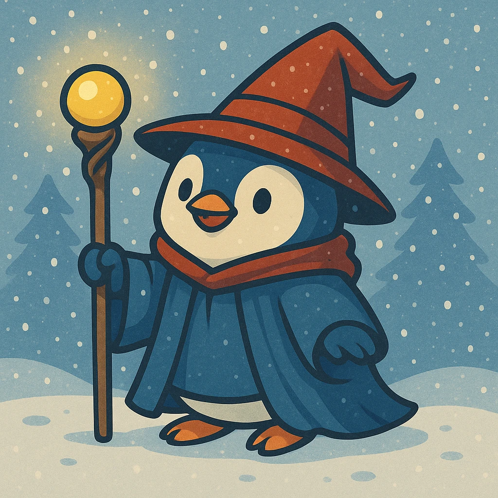 Add falling snowflakes to the scene with the penguin wizard and snowy background, keeping the whimsical style. emoji