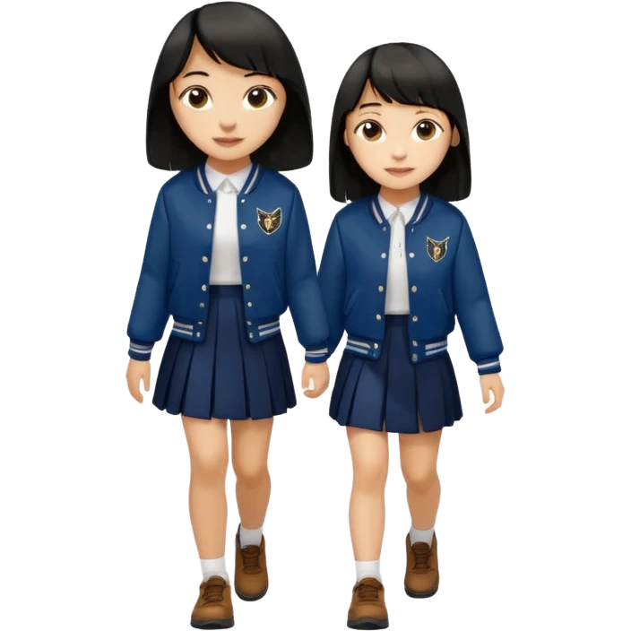 hair : black long hair with fringe 
skin : light 
cloth : deep brown varsity jacket + navy long long school girl skirt 
motion : walking 


 emoji