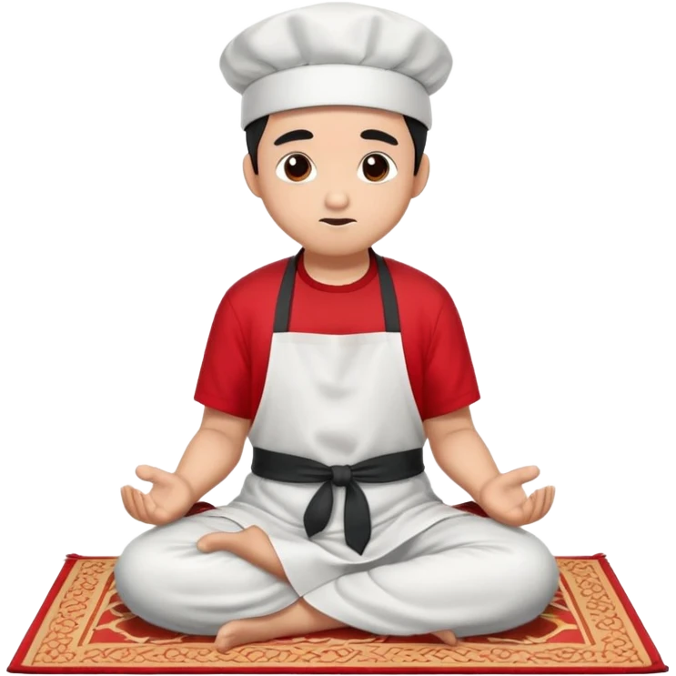 man with panda express hat and apron with red t shirt under praying on muslim prayer mat emoji