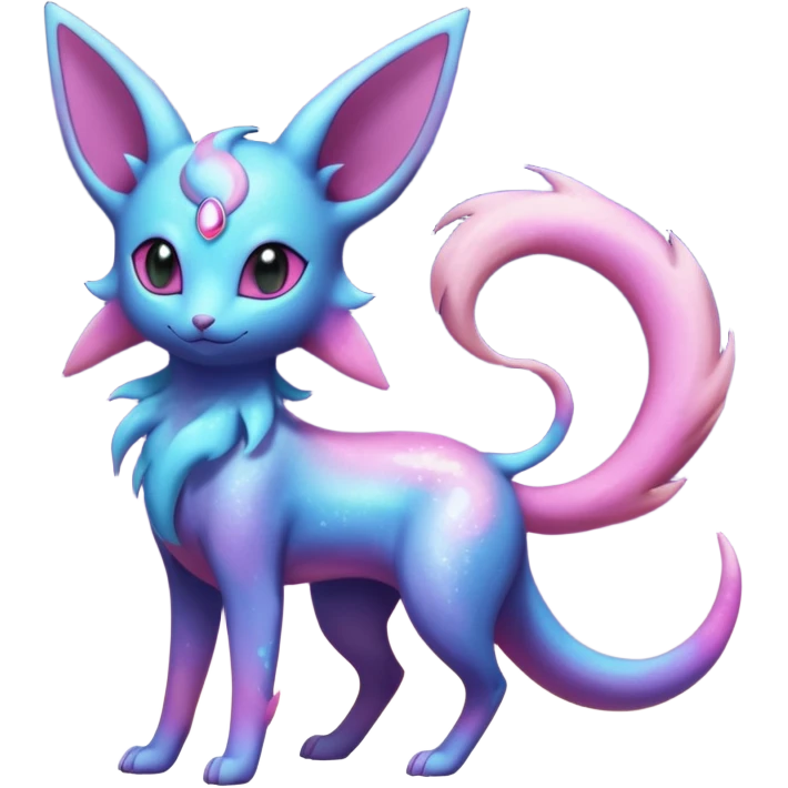 Shiny Iridescent Nebulae Espeon-Umbreon-Sylveon-Dragonair-Fakémon-hybrid-creature (full body)  with a galaxy-dust-flowing-gradient-tail emoji